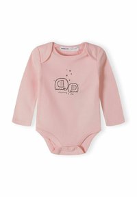 Ružičasti dugouhi bodi za bebe od mekog pamuka, s crnom grafikom slona i natpisom "Mama i ja" uz male zvjezdice. Čvorišna kopča na dnu.