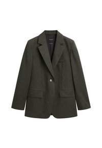 Blazer verde scuro realizzato in tessuto testurizzato, con rever a notchi, chiusura a un bottone e due tasche frontali. Design semplice e sartoriale.