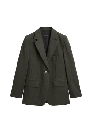 Dark green blazer made of textured fabric, featuring a notch lapel, single button closure, and two front pockets. Simple, tailored design.