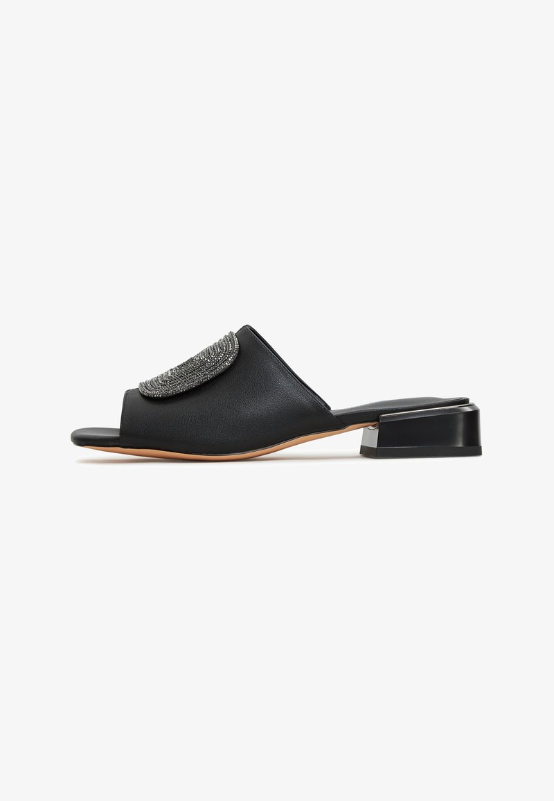Mule noire à bout ouvert avec petit talon bloc et ornement de perles argentées sur le dessus, vue de profil sur fond blanc.