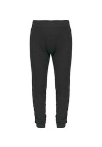 Black jogger pants in a soft cotton blend, featuring a fitted waist, cuffed ankles, and a smooth texture with minimal detailing.