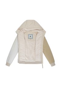 Lightweight, hooded jacket in beige, cream, and light gray, featuring a soft interior lining, ribbed cuffs, and a front zipper.