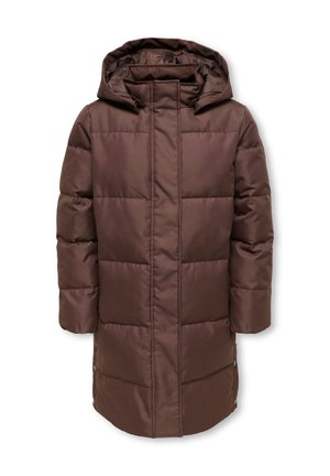 Long manteau d'hiver matelassé marron avec capuche, fermeture éclair intégrale à l'avant couverte par un rabat et manches longues.