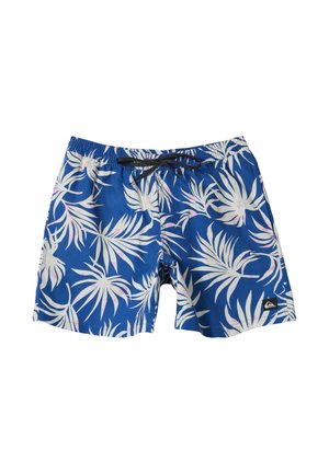 Bañador azul con estampado de hojas tropicales blancas y rosa claro, con cintura de cordón negro.