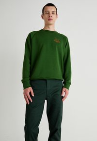 Grønn crewneck genser med raglanermer og en liten oransje logo; kombinert med mørkegrønne bukser, begge i en glatt stoffkvalitet.