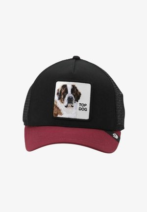 Schwarze und kastanienbraune Kappe mit Netzrücken, mit einem Aufnäher eines Bernhardiners und dem Text "TOP DOG" auf der Vorderseite.