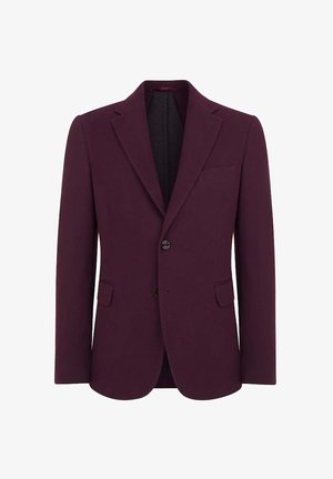 Bordowy blazer z klapami, z pojedynczym zapięciem na guzik i kieszenią na piersi. Miękki materiał o gładkiej fakturze. Klasyczny dopasowany krój.