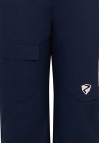 Pantaloni cargo blu navy realizzati in tessuto resistente, con due tasche laterali, texture liscia e un accento con logo bianco sulla coscia destra.