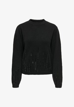 Mustavillane kootud sviiter, millel on tekstureeritud kudumise muster, vertikaalsed sädeleva triibud alumisel äärmisel ja varrukatel, ümar kaelus ja pikad varrukad.