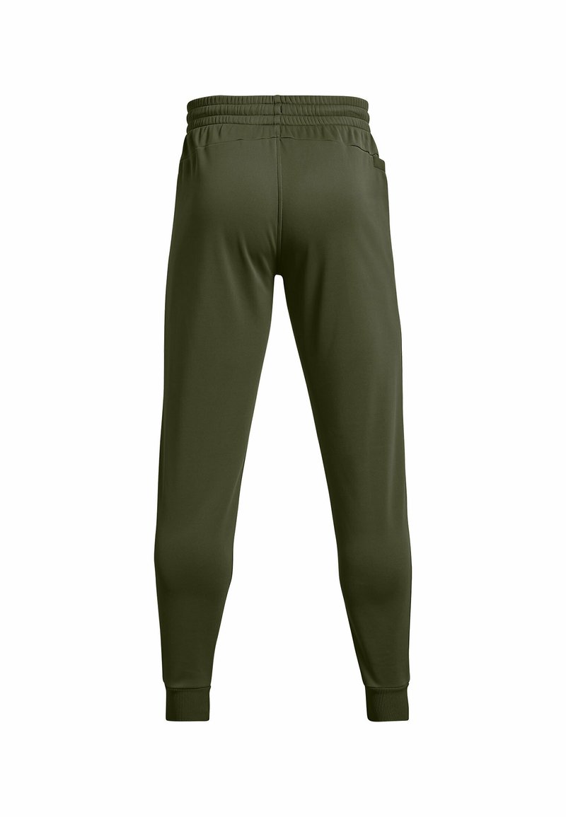 Jogging en olive avec une taille élastique, jambes fuselées et poignets côtelés. Dispose de poches latérales et d'une texture lisse.