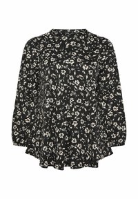 Blusa nera con motivo floreale caratterizzata da maniche lunghe, design plissettato e scollo rotondo. Il tessuto presenta un motivo di fiori bianchi e dettagli testurizzati.