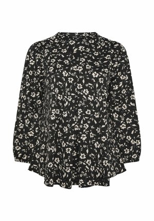 Zwarte bloemenblouse met lange mouwen, geplooid ontwerp en ronde halslijn. De stof toont witte bloempatronen en textuurdetails.