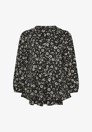 Schwarze Bluse mit Blumenmuster, langen Ärmeln, gefaltetem Design und rundem Ausschnitt. Der Stoff zeigt weiße Blumenmuster und strukturelle Details.