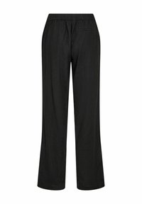 Svarta vida byxor med elastisk midja, tillverkade av ett texturerat material. Har en enda bakficka och en lös passform.