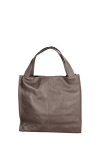 Sac cabas en cuir marron avec deux poignées, forme rectangulaire et détails de couture minimalistes au centre.