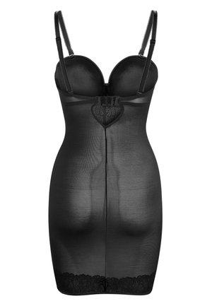 Sottoveste modellante nera con coppe imbottite, spalline regolabili, tessuto trasparente e orlo in pizzo nella parte inferiore. Il retro presenta una chiusura a gancio.