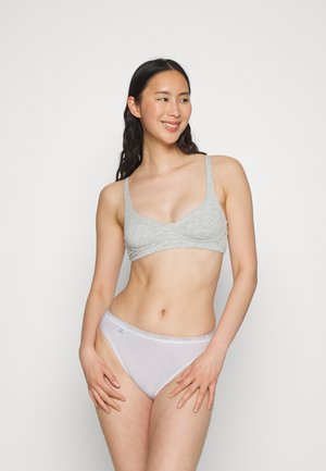 Gray cotton bra with wide straps and soft cups, paired with white sheer bikini briefs featuring a simple waistband.