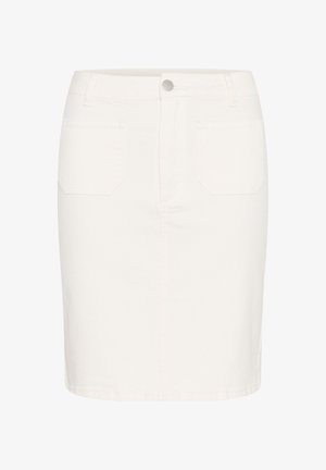 Falda de mezclilla blanca con un diseño ajustado, cierre de botón en la parte delantera y dos bolsillos traseros, con una textura suave y dobladillo recto.