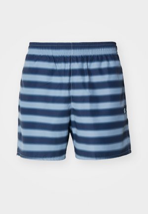 Herren-Badeshorts in Marineblau mit hellblauen horizontalen Streifen; elastischer Bund; glatte Textur; seitliche Taschen.