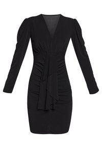 Svart långärmad klänning med djup V-ringning, rynkad byst och en kaskadruffel på framsidan. Slät, elastisk tyg.