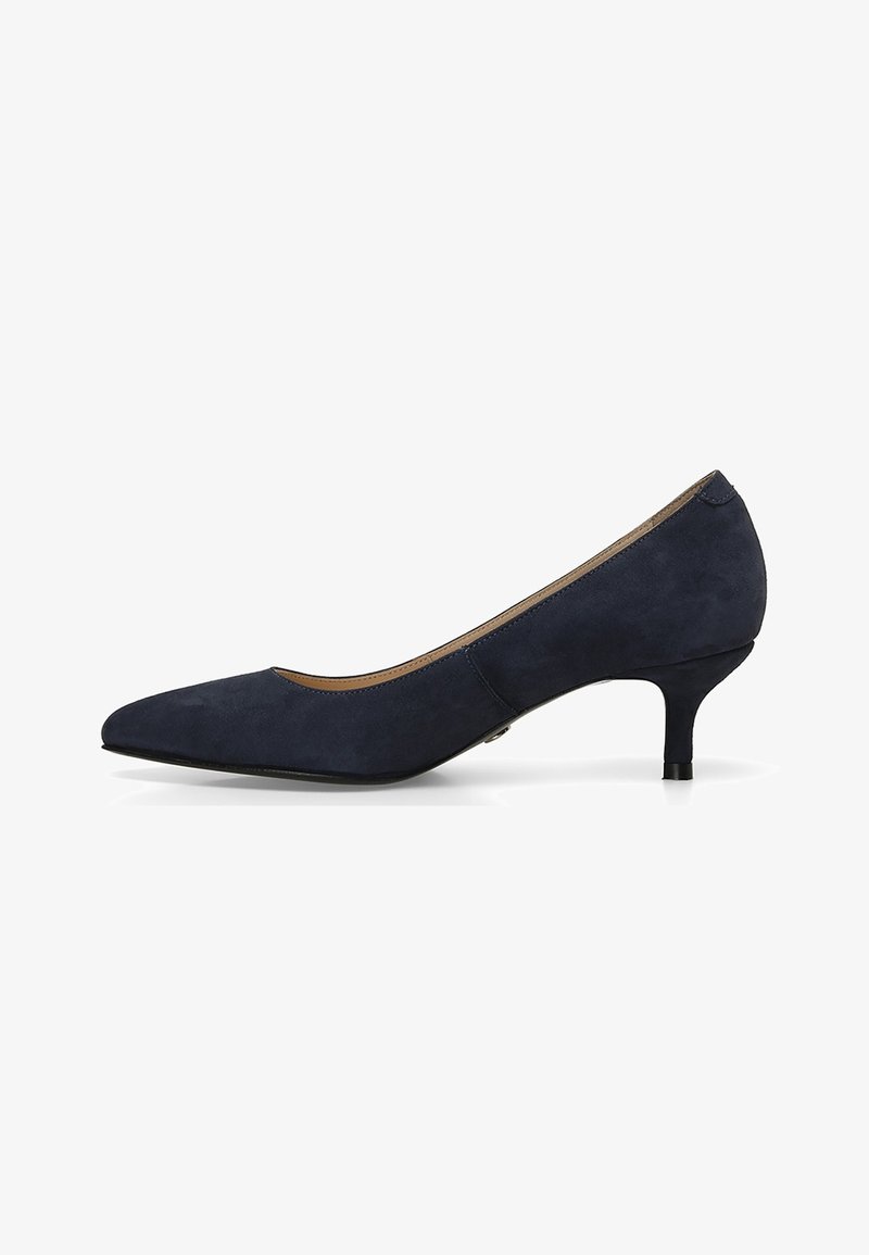 Escarpin en daim bleu marine pour femme avec bout pointu et petit talon kitten, présenté en profil sur fond blanc.