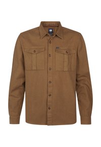 Bruine langemouwen shirt van zacht materiaal met twee borstzakken, knoopsluiting aan de voorkant en een klassieke kraag met een rechte zoom.