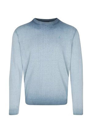 Lys blå crewneck sweater med ribbede manchetter og kant. Blød tekstur; gradientfarve fra lysere til mørkere nuancer. Subtilt logo på brystet.
