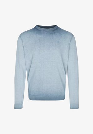Svetlo modrý sveter s okrúhlym výstrihom, s rebrovanými manžetami a spodným lemom. Mäkka štruktúra; gradientná farba od svetlejších po tmavšie odtiene. Diskrétny logo na hrudi.