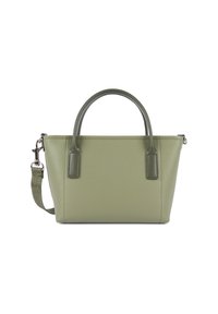 Piccola borsa a mano in pelle verde chiaro con texture, dotata di due manici rotondi nella parte superiore e di una tracolla rimovibile, su sfondo bianco.
