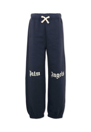Pantaloni della tuta blu navy con vita e polsini elastici, cordino bianco e testo "Palm Angels" sulle cosce anteriori in carattere gotico bianco.