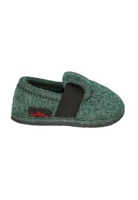 Groene wollen slipper met textuur, elastische zwarte stoffen band en zwarte rubberen zool. Voorzien van een merklogo aan de zijkant.