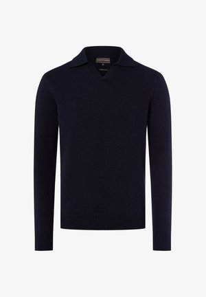 Marineblauer Pullover mit V-Ausschnitt und Kragen, aus weichem Stoff. Mit langen Ärmeln sowie gerippten Bündchen und Saum.