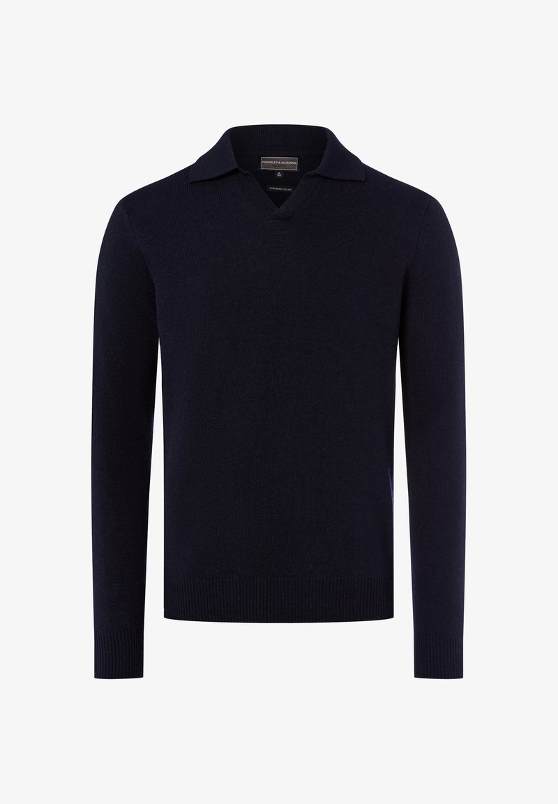 Marineblauer Pullover mit V-Ausschnitt und Kragen, aus weichem Stoff. Mit langen Ärmeln sowie gerippten Bündchen und Saum.