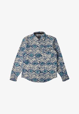 Koszula zapinana na guziki, wykonana z materiału w kremowym kolorze, z geometrycznym wzorem w odcieniach niebieskiego i fioletowego. Zawiera kieszonkę.