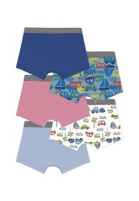 Πέντε ζεύγη εφηβικών μποξεράκια με διάφορα σχέδια: μονόχρωμα μπλε, ριγέ κόκκινα και σχέδια με αυτοκίνητα και βάρκες σε ανοιχτόφωρα φόντα.