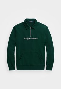 Pullover verde con colletto zip, dotato di tasca frontale a kangaroo e logo ricamato "Polo Ralph Lauren". Tessuto morbido e liscio.