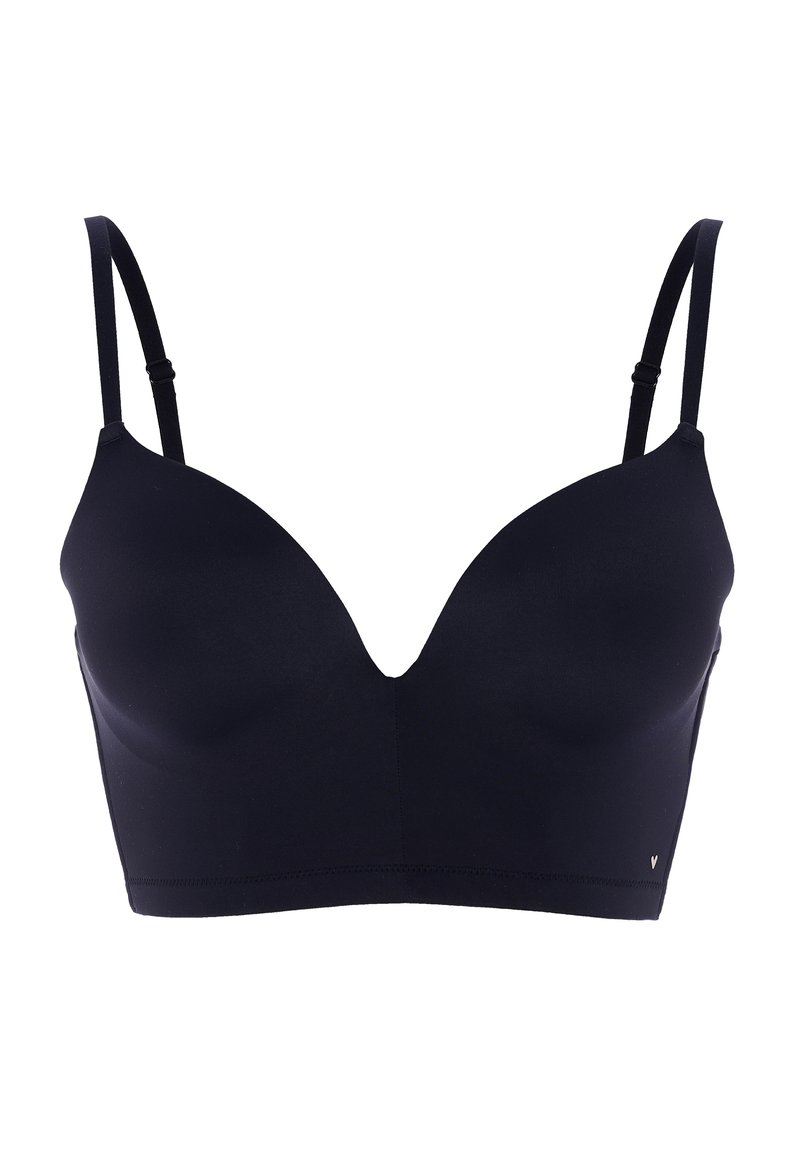 Reggiseno nero con design senza cuciture, tessuto leggero, scollatura a V profonda, spalline regolabili e logo discreto nella parte inferiore sinistra.