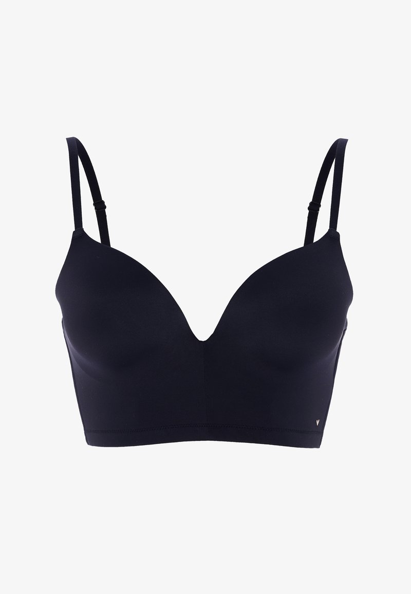 Reggiseno nero con design senza cuciture, tessuto leggero, scollatura a V profonda, spalline regolabili e logo discreto nella parte inferiore sinistra.