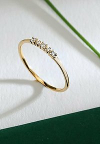 Guldring med en smal band och fem små, klara ädelstenar i rad, som skapar en subtil gnista mot en neutral bakgrund.
