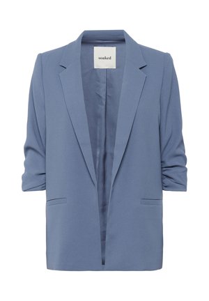 Lichtblauwe blazer met een relaxte pasvorm, met notch-lapels en opgerolde mouwen. Voorzien van een enkele knoop aan de voorkant en zijzakken. Gemaakt van zachte stof.