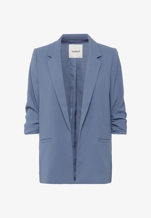 Light blue blazer with a relaxed fit, notched lapels, and rolled sleeves. Features a single button front and side pockets. Made of soft fabric.