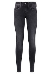 Jeans skinny de mezclilla negra con un diseño clásico de cinco bolsillos, cierre de botón en la parte frontal y una textura suave, ligeramente deslavada.