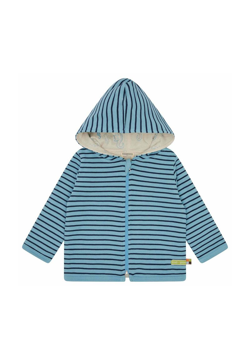 Giacca con cappuccio caratterizzata da strisce blu e blu navy, chiusura frontale con zip e una fodera chiara a fantasia. Realizzata in materiale morbido, con maniche lunghe.