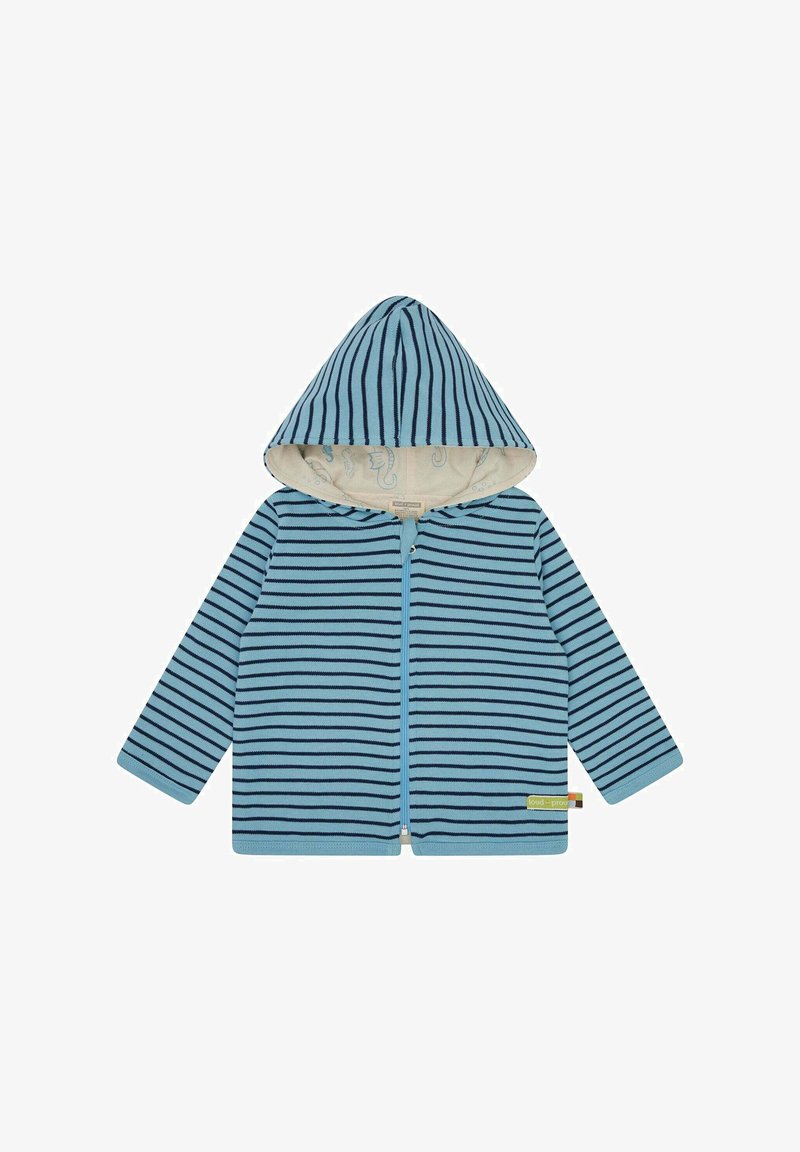 Capuchonjack met blauwe en marineblauwe strepen, voorrits en een gemusterd lichtgekleurde voering. Gemaakt van zacht materiaal, met lange mouwen.