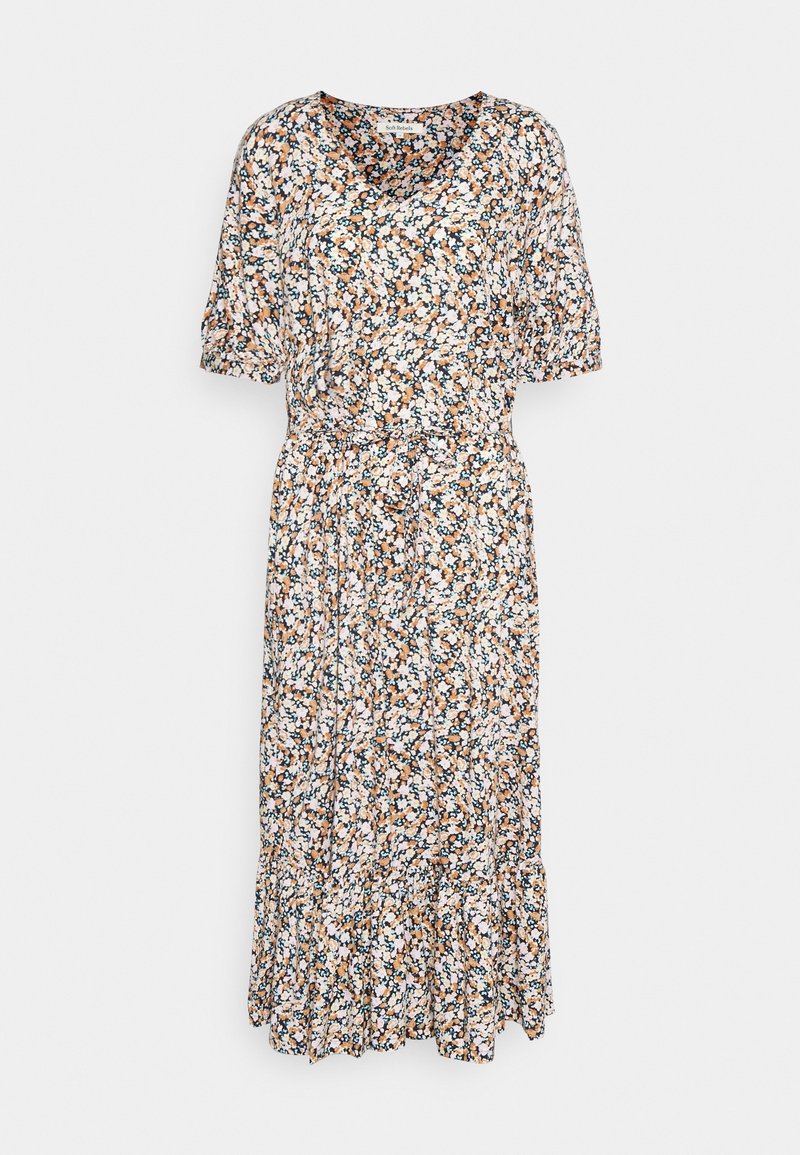 Robe midi fleurie avec manches courtes bouffantes, taille cintrée et ourlet évasé. Couleurs comprenant blanc, orange, bleu et vert sur un fond beige.