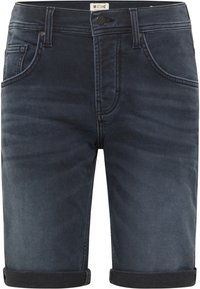 Pantalones cortos de mezclilla en azul oscuro con una textura suave, que presentan un diseño clásico de cinco bolsillos y puños enrollados, costuras reforzadas y cierre de botón.