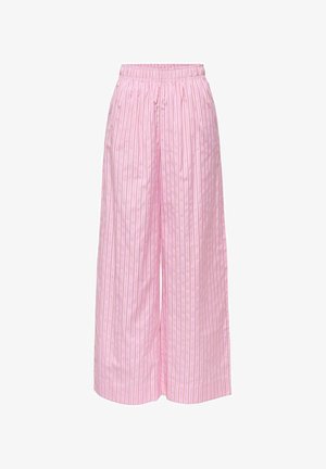 Pantalon rose à jambes larges avec des rayures verticales blanches et rouges et une taille élastique, affiché sur fond blanc.