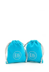 Two small drawstring bags in bright turquoise fabric, featuring a white circular logo with the text "Elli by Julie & Grace."