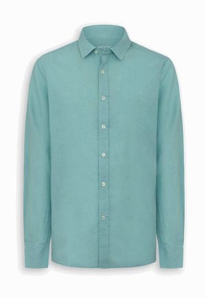 Camicia a maniche lunghe con bottoni in verde acqua chiaro, colletto classico e bottoni bianchi, realizzata in tessuto morbido e strutturato.