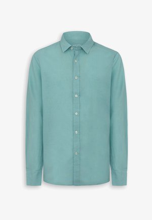 Koszula na długi rękaw, zapinana na guziki, w jasnym odcieniu zieleni morskiej, z klasycznym kołnierzem i białymi guzikami, wykonana z miękkiej, teksturowanej tkaniny.